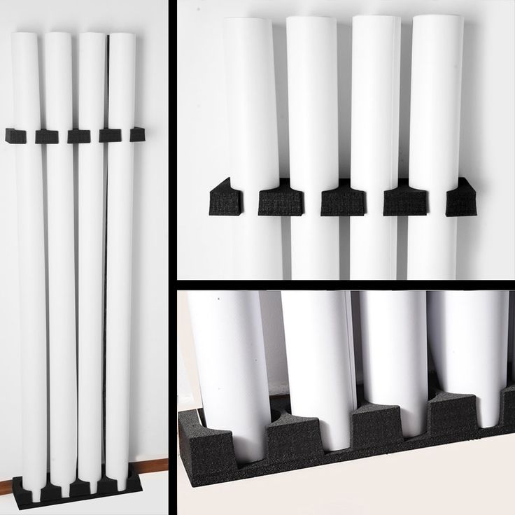 four different views of white and black vases on display in front of the same wall