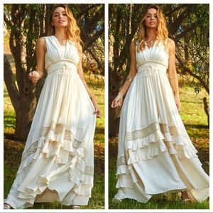 ShopEvelynne | Dresses | Most Beautiful Boho Long Tiered Smocked Tiered Maxi Dress With Lace Trim | Poshmark Bohemian Ruched Maxi Dress For Garden Party, Bohemian Ruched Dresses For Summer, Bohemian Ruched Summer Dresses, Summer Bohemian Ruched Dresses, White Bohemian Ruched Dress, Bohemian Beige Maxi Dress With Smocked Bodice, Bohemian Beige Maxi Dress With Smocked Back, Beige Bohemian Maxi Dress With Smocked Bodice, Flowy Bohemian Ruched Dress