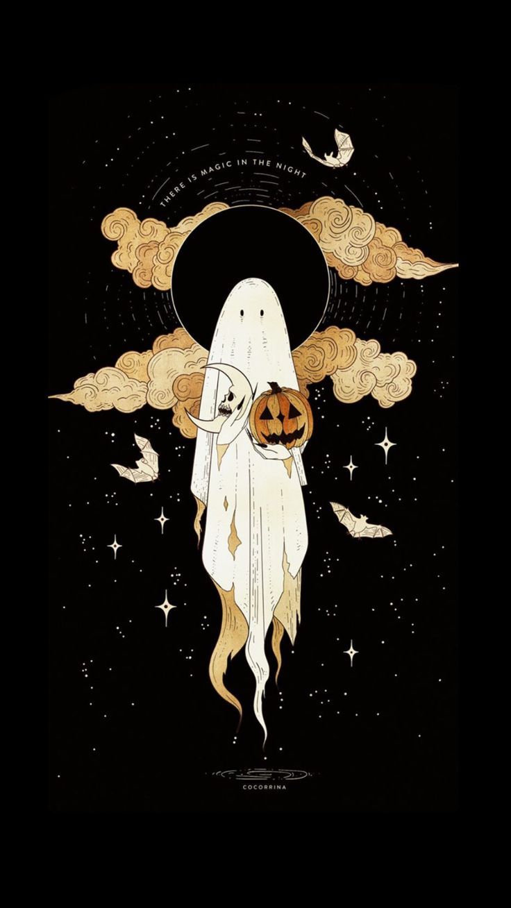 a ghost holding a jack - o'- lantern in the air with clouds and stars around