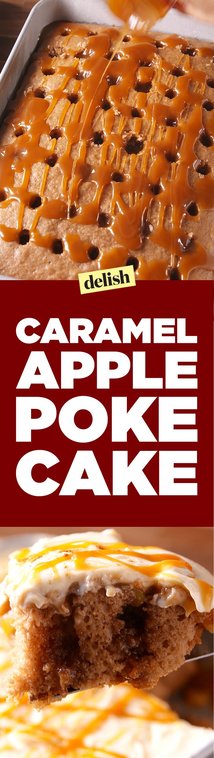 caramel apple poke cake on a plate with the title overlay that reads, caramel apple poke cake