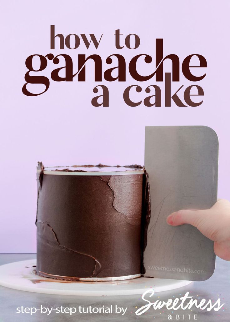 a hand holding a knife over a chocolate cake with the words how to ganache a cake on it