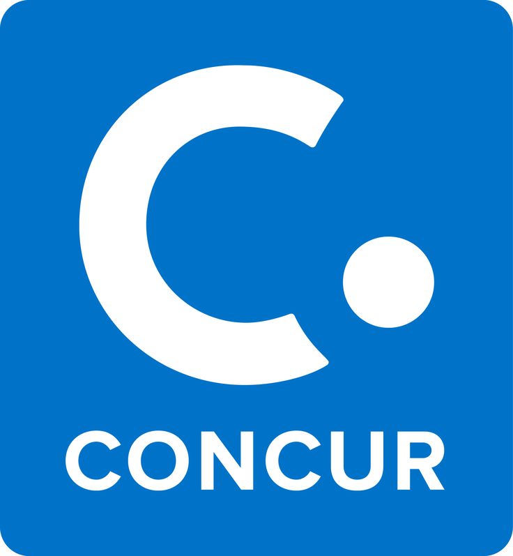 the concur logo is shown in white on a blue square with black lettering