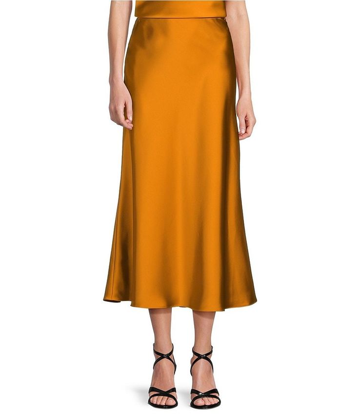 Antonio Melani Bella A-Line Satin Midi Skirt | Dillard's Orange Satin Skirt, Green Leather Pencil Skirt, England Outfits, Leather A Line Skirt, Navy Pencil Skirt, Satin Maxi Skirt, Orange Satin, Houndstooth Skirt, Knit Pencil Skirt