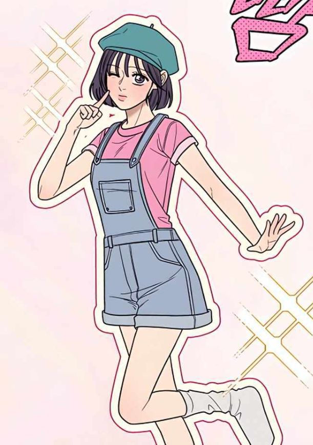 a drawing of a girl in overalls and a hat with her hand on her hip