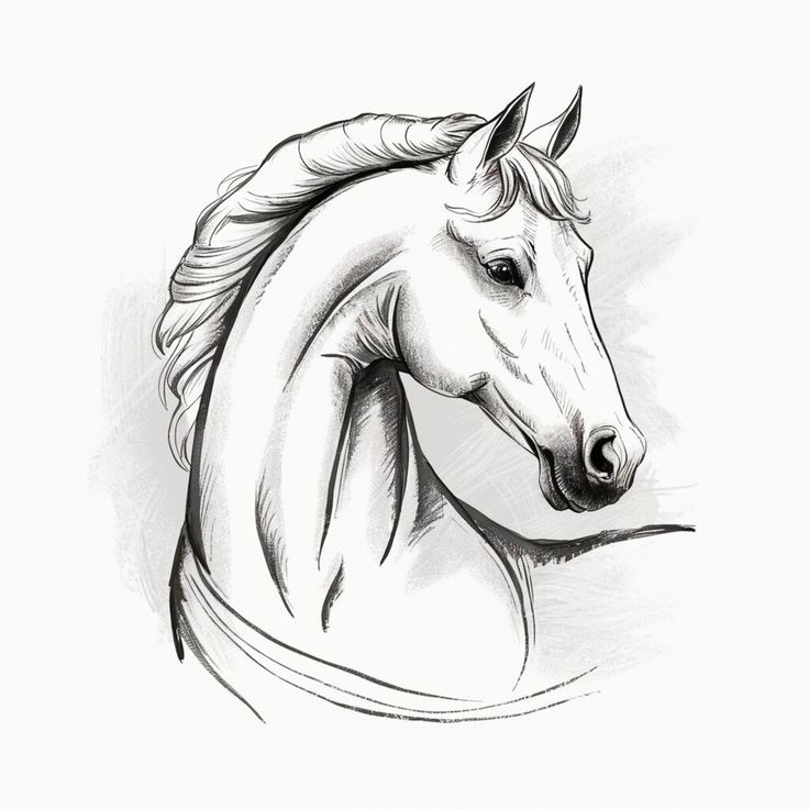 a black and white drawing of a horse's head