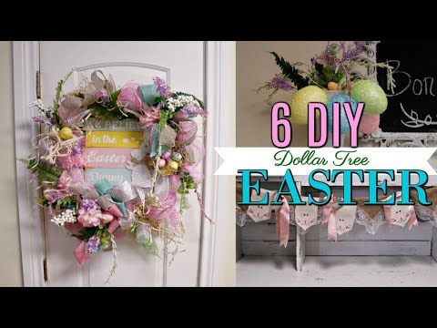 the door is decorated with pink and green flowers, an easter egg wreath, and a chalkboard sign that says 6 diy dollar tree ideas for easter