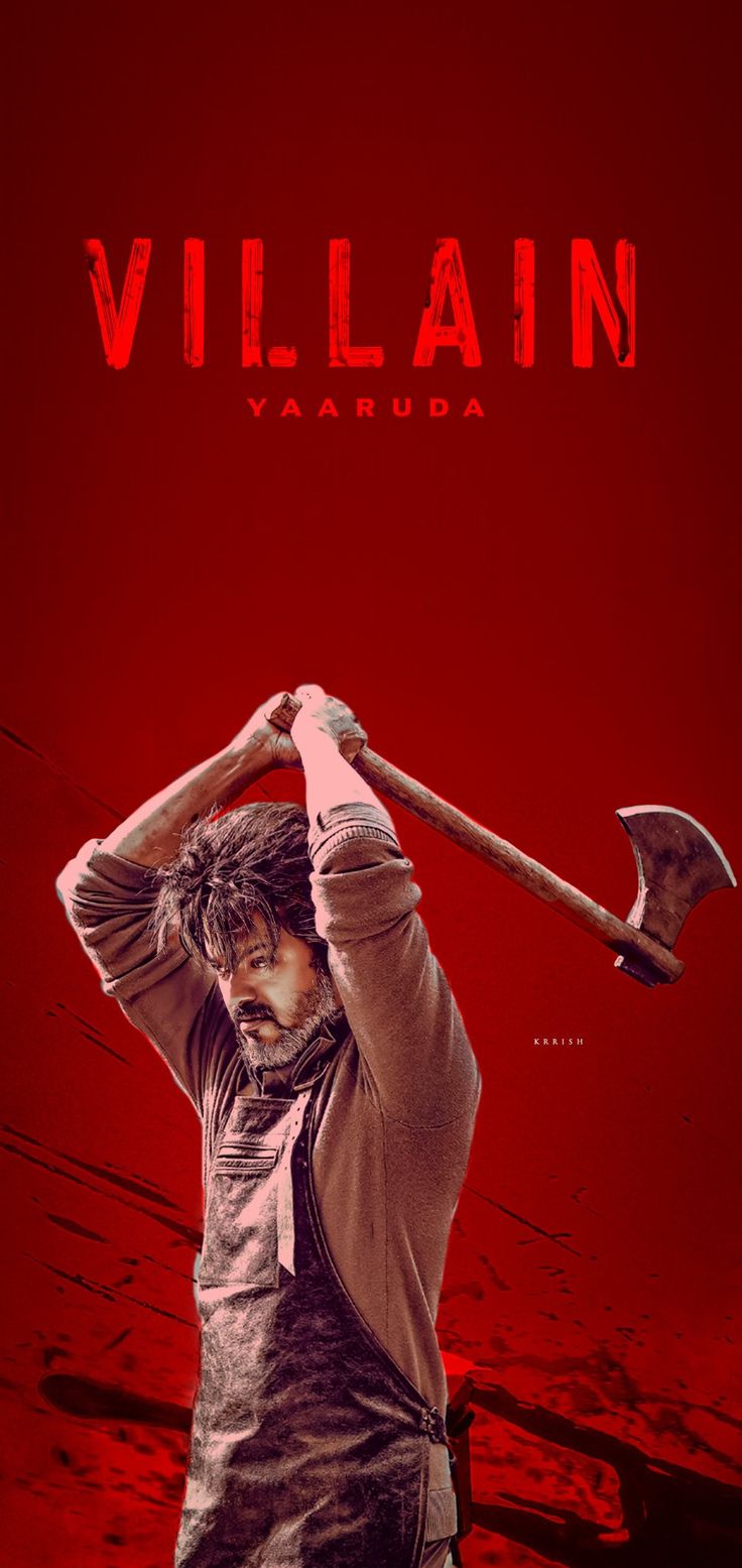 a man holding an ax in front of a red background with the word villain on it