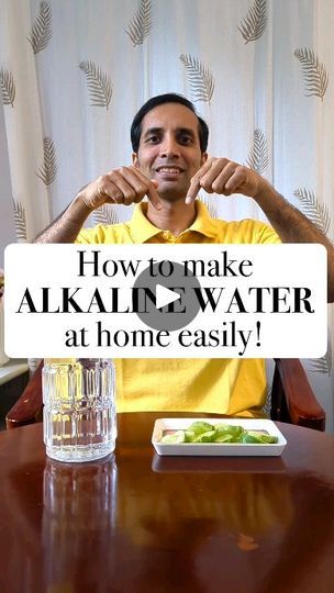 a man sitting at a table in front of a plate of food with the words how to make alkain water at home easily