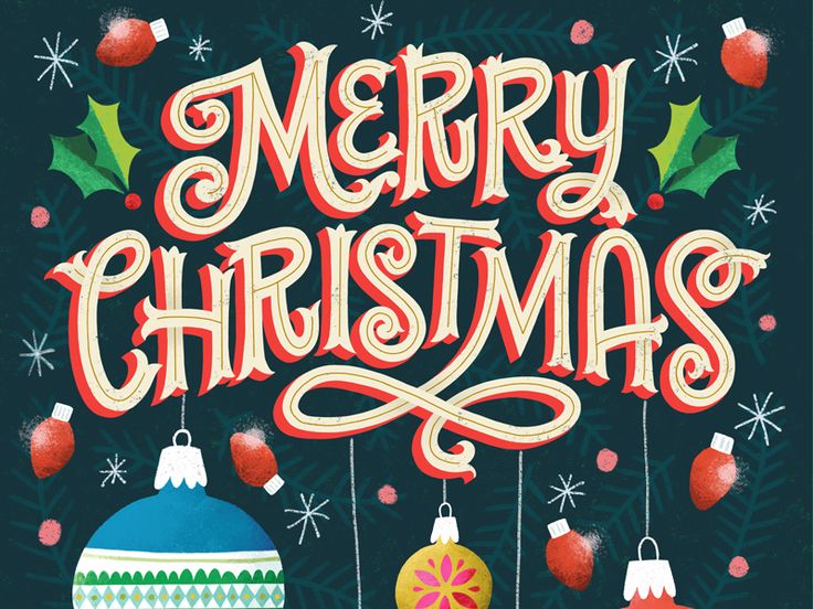 a merry christmas card with ornaments and baubles hanging from the top, on a black background