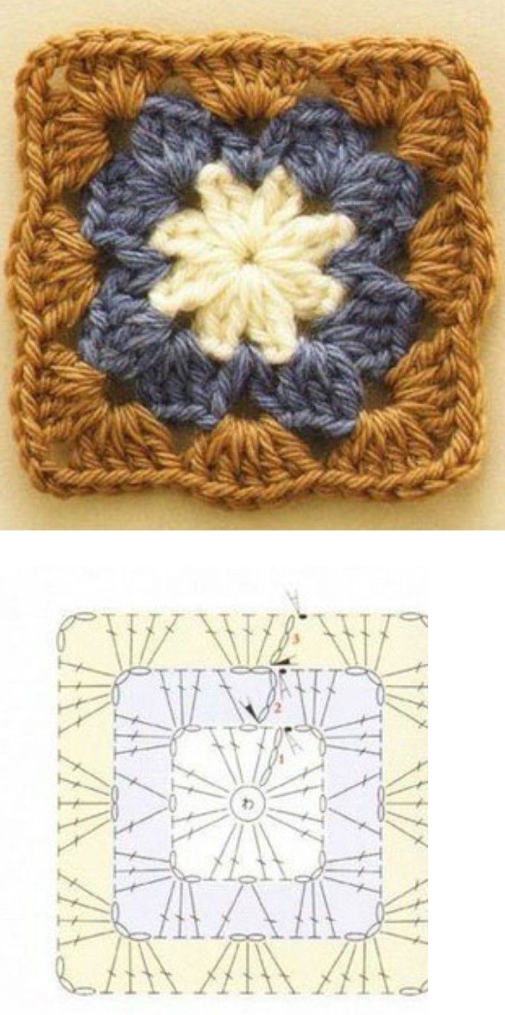 crocheted square with an image of a flower in the middle and another photo of a