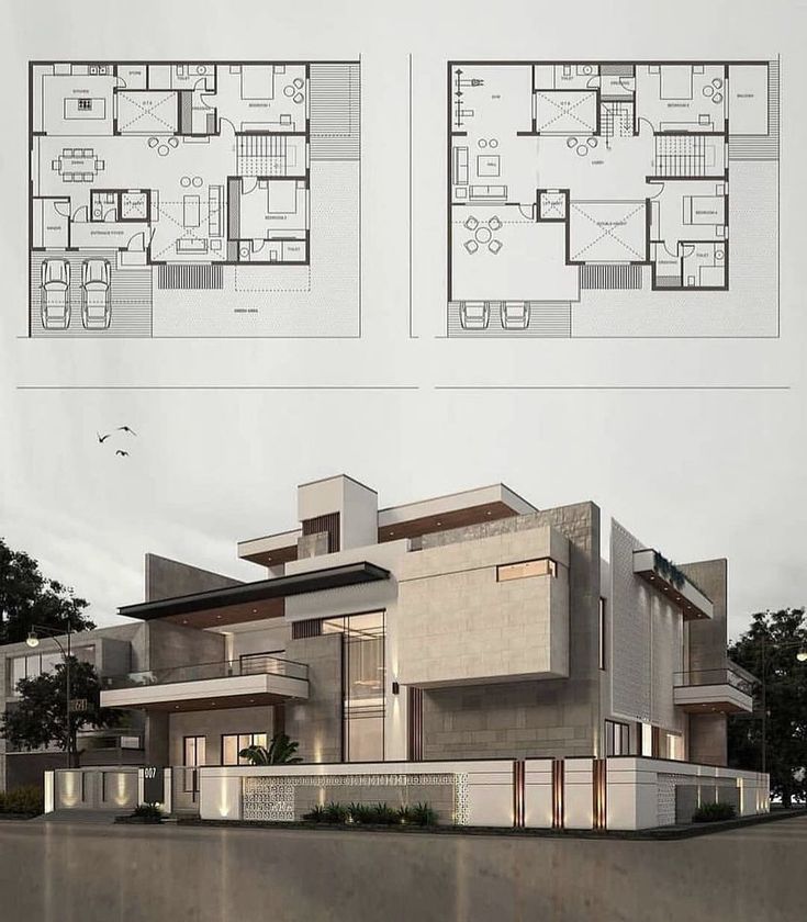 two plans for a modern house with multiple levels