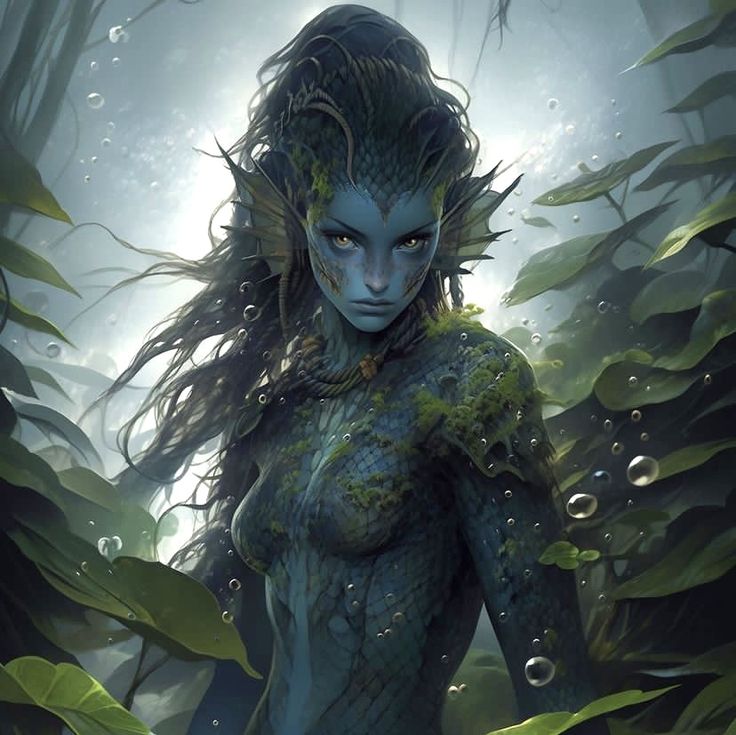 a woman with long hair and blue eyes standing in the water, surrounded by plants