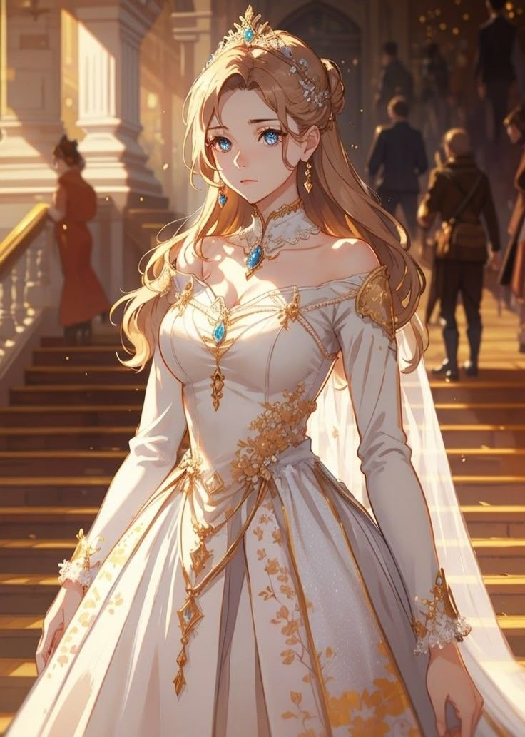 a woman in a white dress with gold trims and blue eyes stands on some stairs