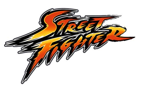 the street fighter logo is shown in orange and yellow colors, with an orange flame coming out