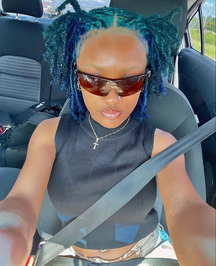 Purple Dyed Locs Black Women, Dread Locs Color Ideas Black Women, Short Locs Color Ideas, Color Combos For Locs, Loc Color Combos, Blue And Blonde Locs, Multi Color Locs, Locs Color Combo, Dyed Roots On Locs