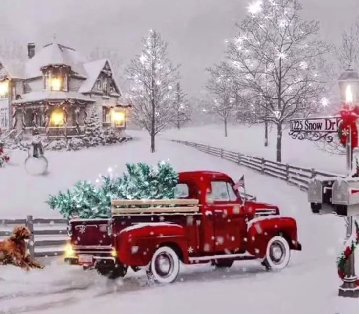 an old red truck with a christmas tree in the bed is parked on a snowy street