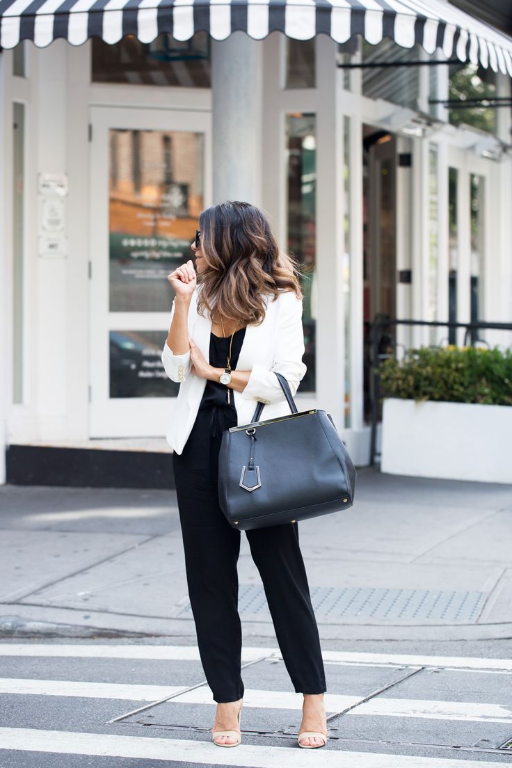 How to wear a black jumpsuit to work with a white blazer and nude sandals in the summer on Corporate Catwalk Work Jumpsuit Outfit, Jumpsuit Outfit Work, Jumpsuit For Work, Olivia Jeanette, Style A Jumpsuit, Outfit Ideas Dressy, Work Jumpsuit, Classy Jumpsuit, Jumpsuit Outfits