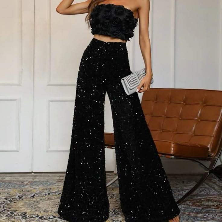 Sequin Two Piece Set Party Outfit Night, Party Outfit Night Club, Black Sequin Pants, Black Sequin Jumpsuit, Sequin Pant, Party Outfits Night, Outfit Night, Sequin Pants, Sequin Jumpsuit