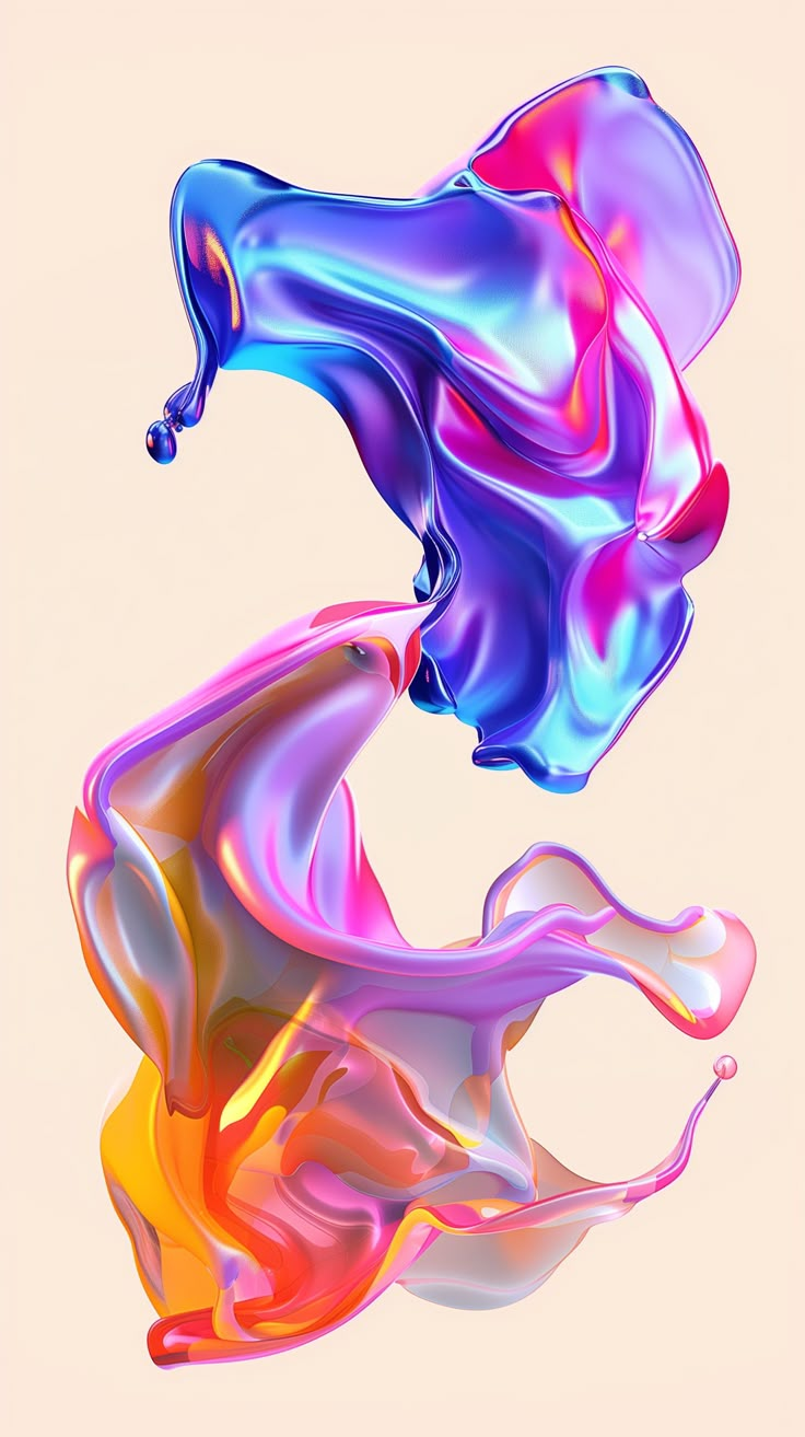 colorful liquid flowing in the air on top of a pink background with an orange and blue swirl