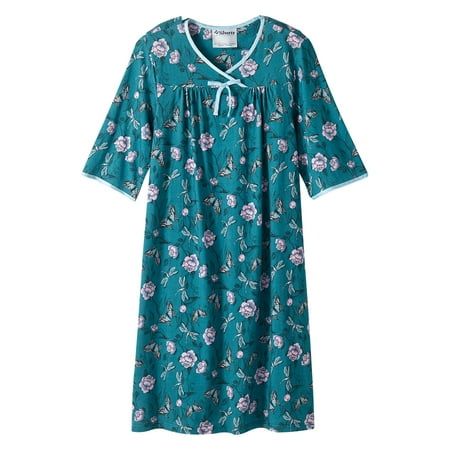 Our Newest Womens Snap Back Hospital Nightgown, designed comfy for sleeping and pretty for lounging. These pretty open back hospital nighties feature a gathered yoke which ensures a roomy fit. Quality machine washable soft polyester-cotton interlock (65% polyester / 35% cotton) with satin trim. Convenient patch pocket. Full back overlap with snaps at each shoulder. The full back overlap of this adaptive sleep gown provides complete comfort and discretion unlike traditional tie back hospital nigh Knit Nightgown, Gown For Ladies, Hospital Socks, Hospital Gowns, Disabled Women, Sleep Gown, Adaptive Clothing, Hospital Gown, Ladies Gown