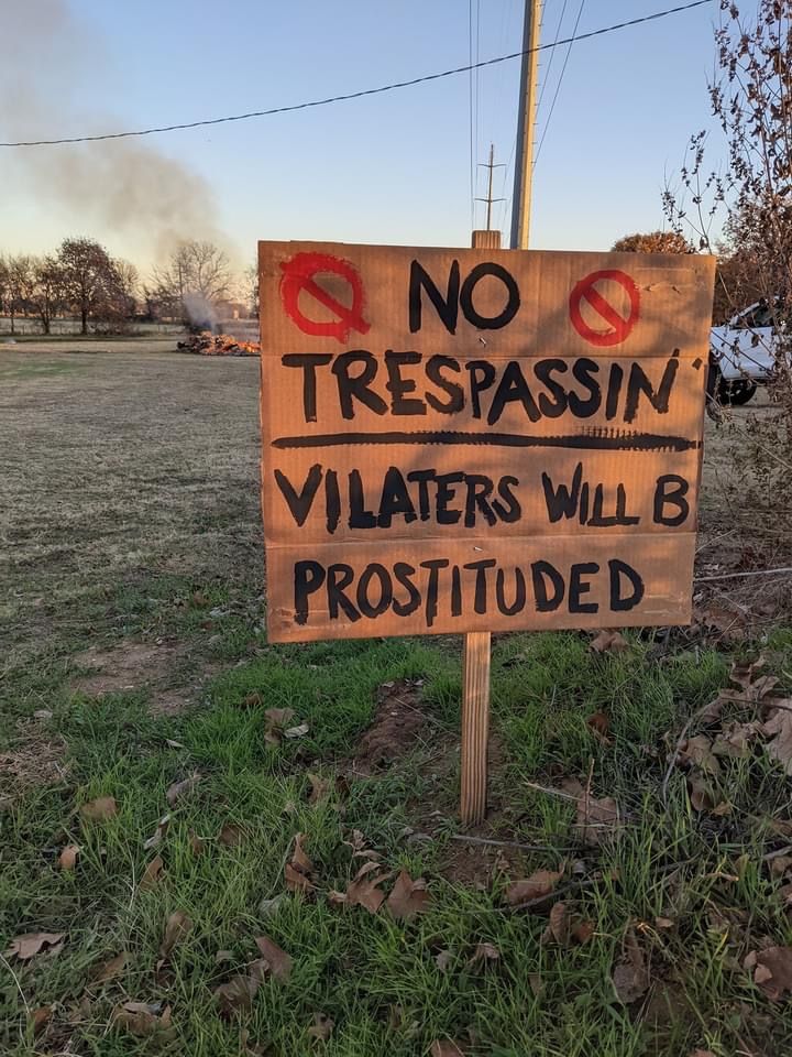 a sign that says no trespassin viiaters will be prostituded