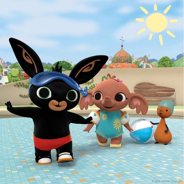 two cartoon characters standing next to each other on a tile floor in front of a park