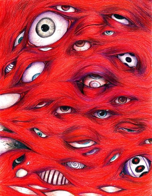 an image of red hair with eyes and other things on it's surface, as well as the eyeballs