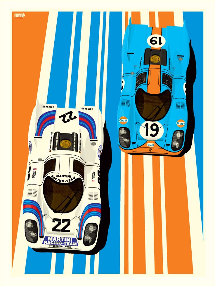 two race cars sitting side by side on top of a blue and orange striped background