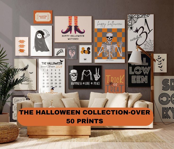 the halloween collection - over 50 prints are on display in this living room with orange accents