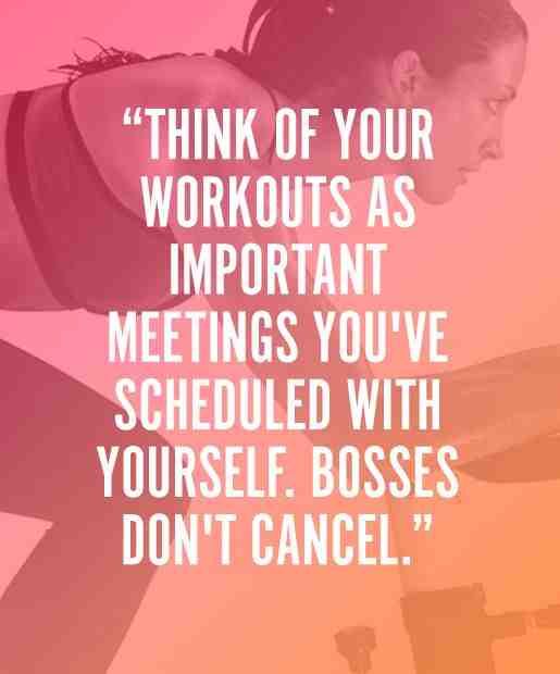 a woman doing exercises with the words think of your workout as important meetings you've scheduled