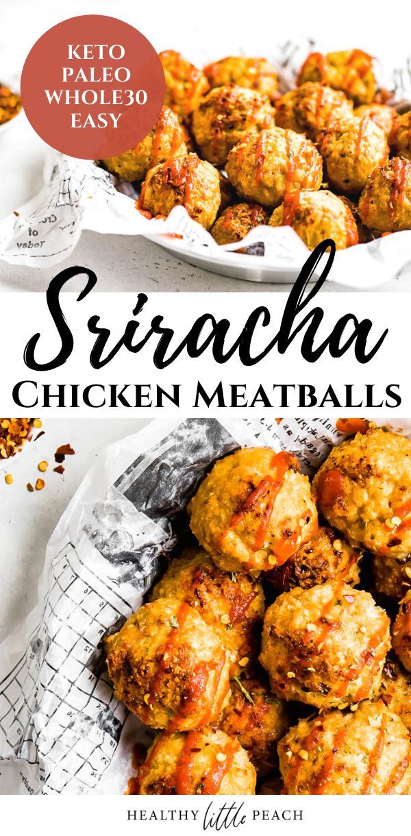 sricha chicken meatballs with text overlay