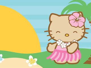 a hello kitty cartoon character in a pink dress standing next to a palm tree on the beach