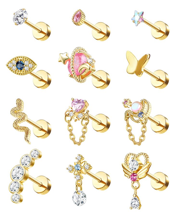 an assortment of gold piercings with different designs and colors, including pink, blue, green