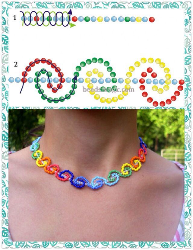 a woman wearing a colorful necklace with beads on it and the word peace spelled in different colors