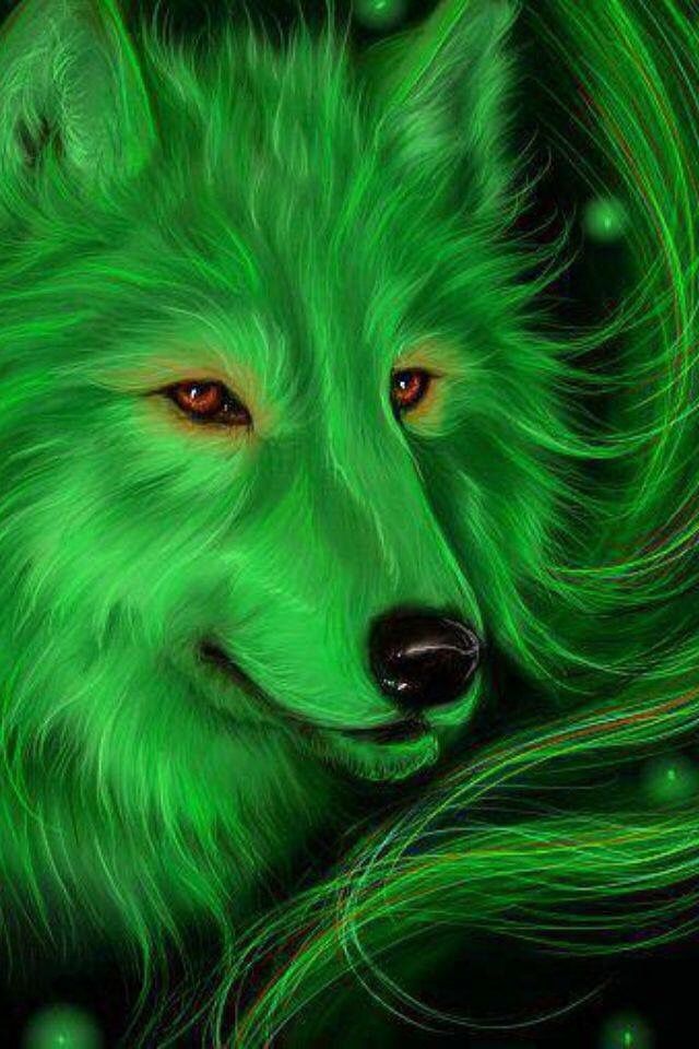 a painting of a green wolf with glowing eyes and long hair, on a black background