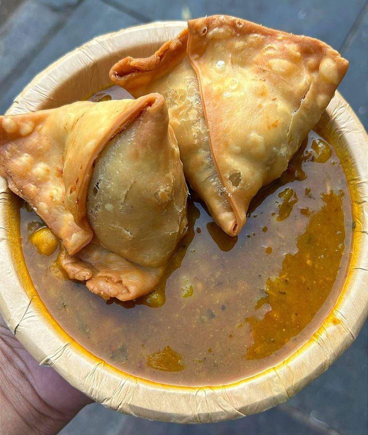 a person holding a paper plate with some food in it and sauce on the side