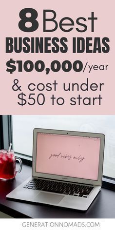 a laptop with the words 8 best business ideas $ 100, 000 / year and cost under $ 50 to start