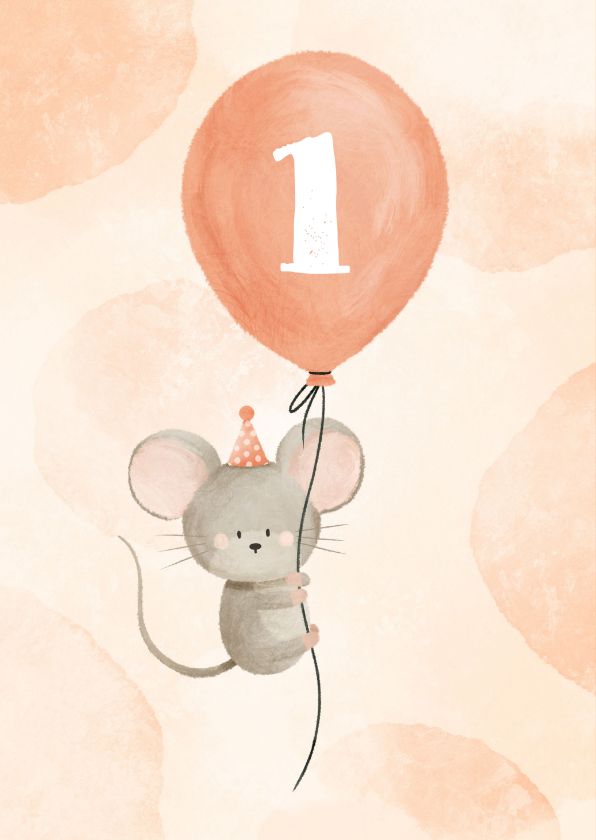 a cartoon mouse holding a balloon with the number one on it