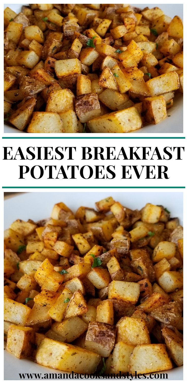 two pictures of potatoes with the words easyest breakfast potatoes ever on top and bottom