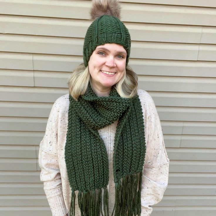 This is a matching chunky knit hat and scarf set in dark green that is made with super bulky yarn. This set is a perfect handmade gift for your loved ones or to keep for yourself! We also accept custom orders! Green Knitted Scarf For Winter, Green Yarn Scarves For Winter, Casual Green Handmade Scarf, Dark Green Scarf, Green Scarves, Green Knitted One-size Scarves, Winter Green, Scarf And Hat, Knit Wear