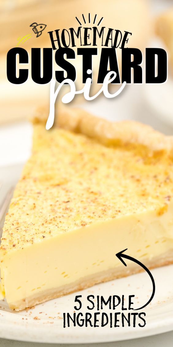 a slice of homemade custard pie on a plate with the recipe below it