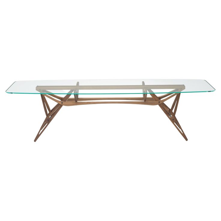 a glass table with wooden legs on a white background