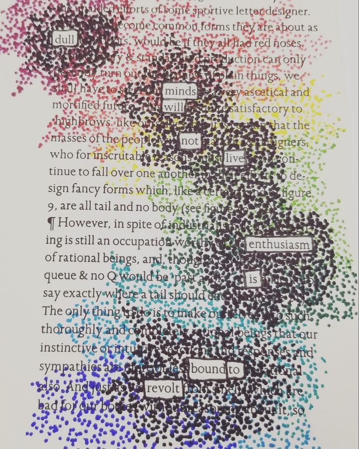 the text is made up of many different colors and shapes, including words that appear to be written on paper