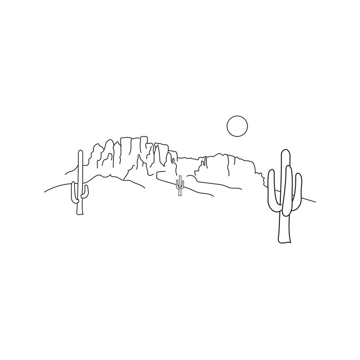 a line drawing of a desert landscape with cactus trees and mountains in the back ground