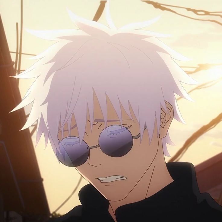 an anime character with white hair and sunglasses looking at something in front of the camera