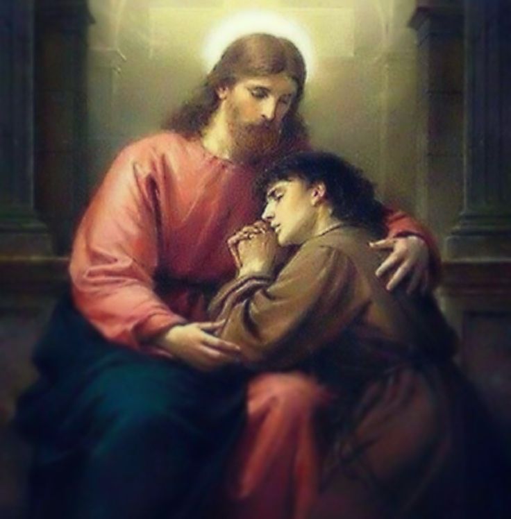 an image of jesus holding the hand of a young man with his head on his chest