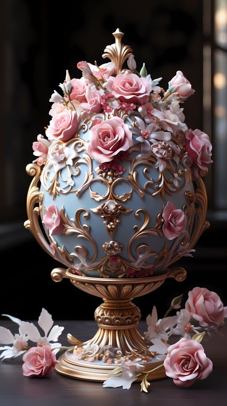 a blue vase with pink flowers in it sitting on a table next to some white and gold leaves