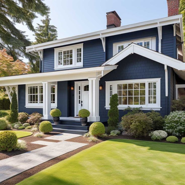 a blue house with white trim and trimmed trees in the front yard is surrounded by green grass