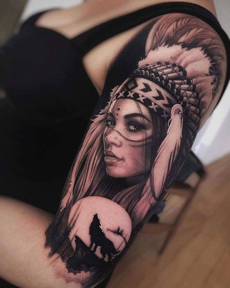 Indian Women Tattoo, Wolf Girl Tattoos, Native Indian Tattoos, Indian Girl Tattoos, Headdress Tattoo, American Indian Tattoos, Native American Tattoo, Native American Tattoos, Native Tattoos