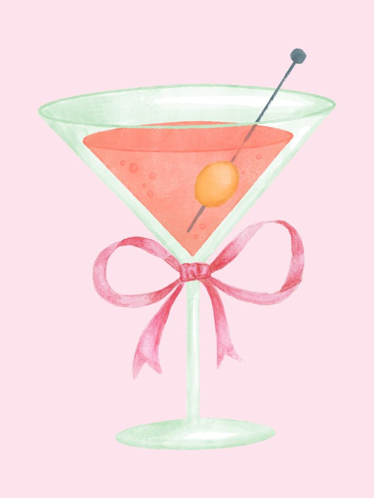 a watercolor painting of a martini glass with a cherry on top and a pink bow around the rim